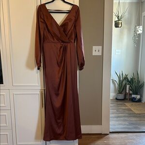 Revelry Elegant Long Sleeve Dress in Warm Brown